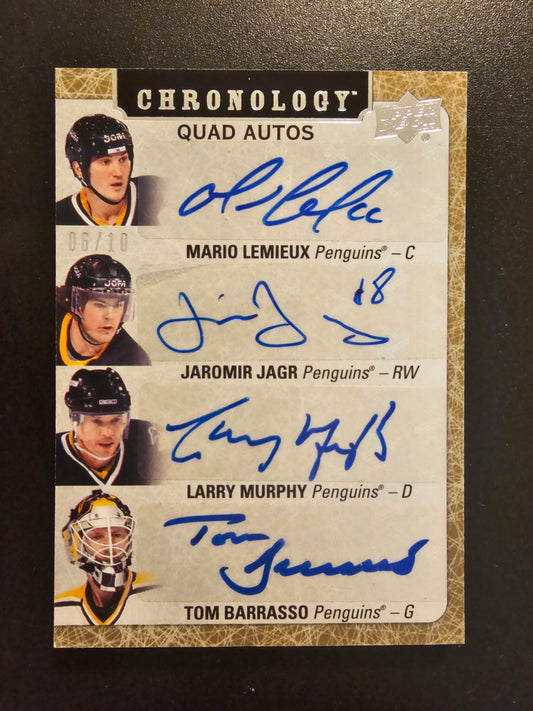 2018-19 Upper Deck Chronology - Quad Autographs - Mario Lemieux / Jaromir Jagr / Larry Murphy / Tom Barrasso#QA-LJMB /10
