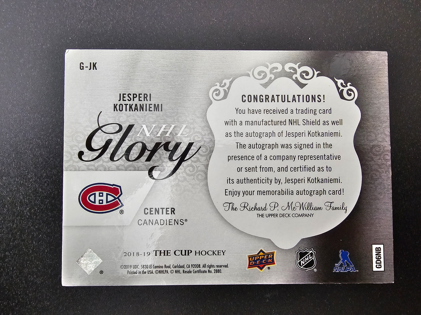 2018-19 Upper Deck The Cup - NHL Glory - Jesperi Kotkaniemi #G-JK /10 RY