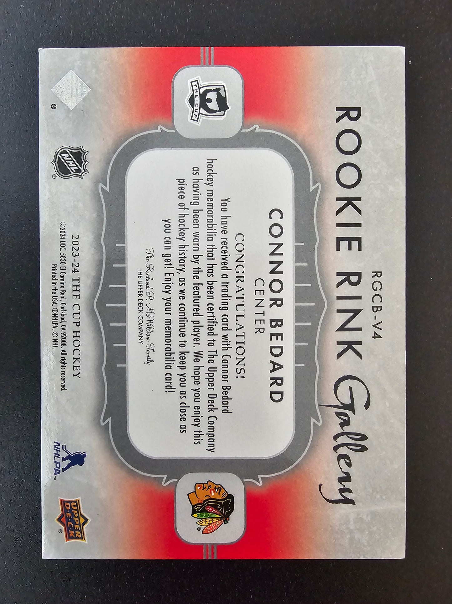 2023-24 Upper Deck The Cup - Rookie Rink Gallery - Connor Bedard #RGCB-V4 /49 RC