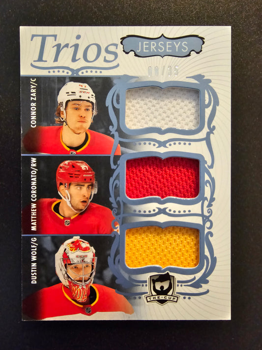 2023-24 Upper Deck The Cup - Jerseys Trios - Connor Zary / Matthew Coronato / Dustin Wolf #C3-WZC /33 RY