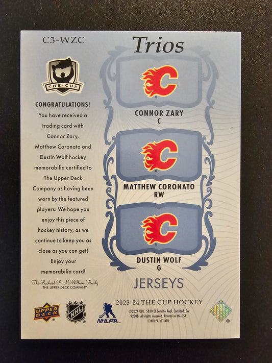 2023-24 Upper Deck The Cup - Jerseys Trios - Connor Zary / Matthew Coronato / Dustin Wolf #C3-WZC /33 RY