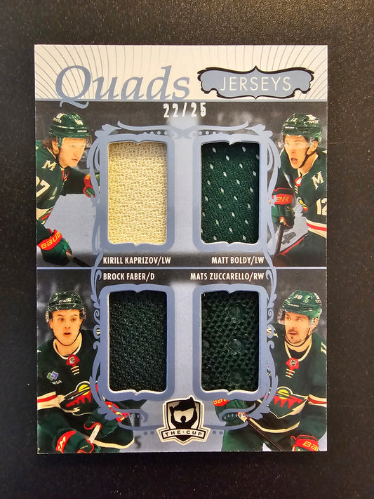 2023-24 Upper Deck The Cup - Quads Jerseys - Kirill Kaprizov / Matt Boldy / Brock Faber / Mats Zuccarello #C4-ZBKF /25