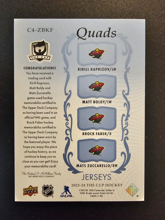 2023-24 Upper Deck The Cup - Quads Jerseys - Kirill Kaprizov / Matt Boldy / Brock Faber / Mats Zuccarello #C4-ZBKF /25