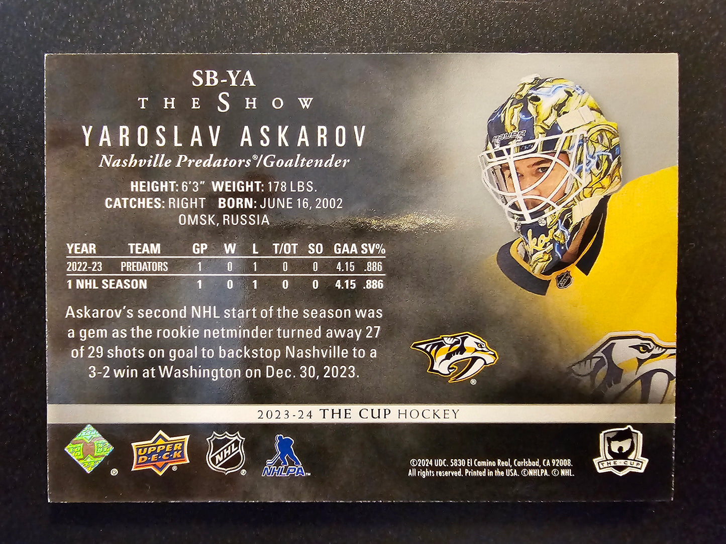 2023-24 Upper Deck The Cup - The Show Black - Yaroslav Askarov #SB-YA /99 RC