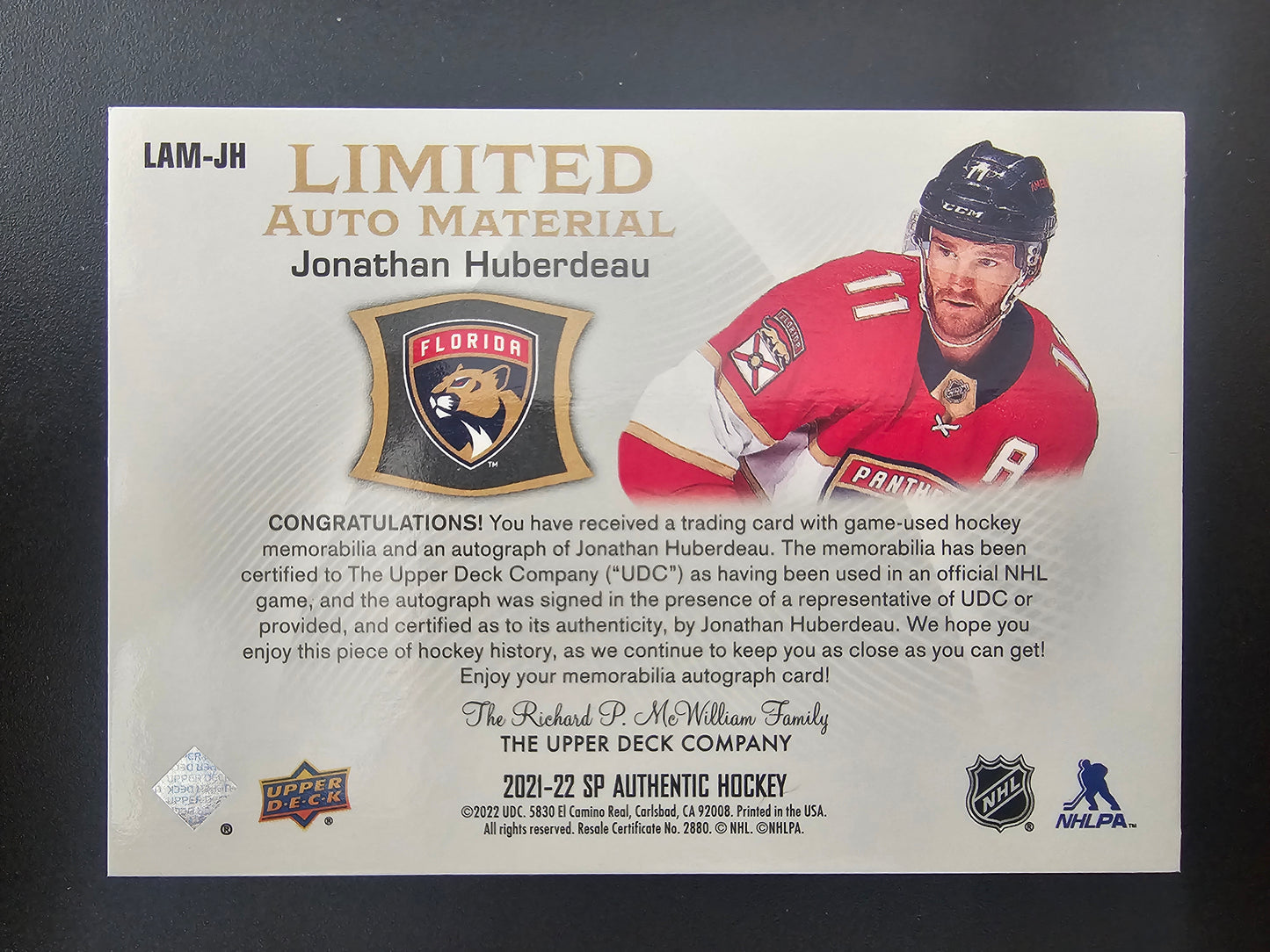 2021-22 Upper Deck SP Authentic - Limited Autograph Material - Jonathan Huberdeau #LAM-JH /50
