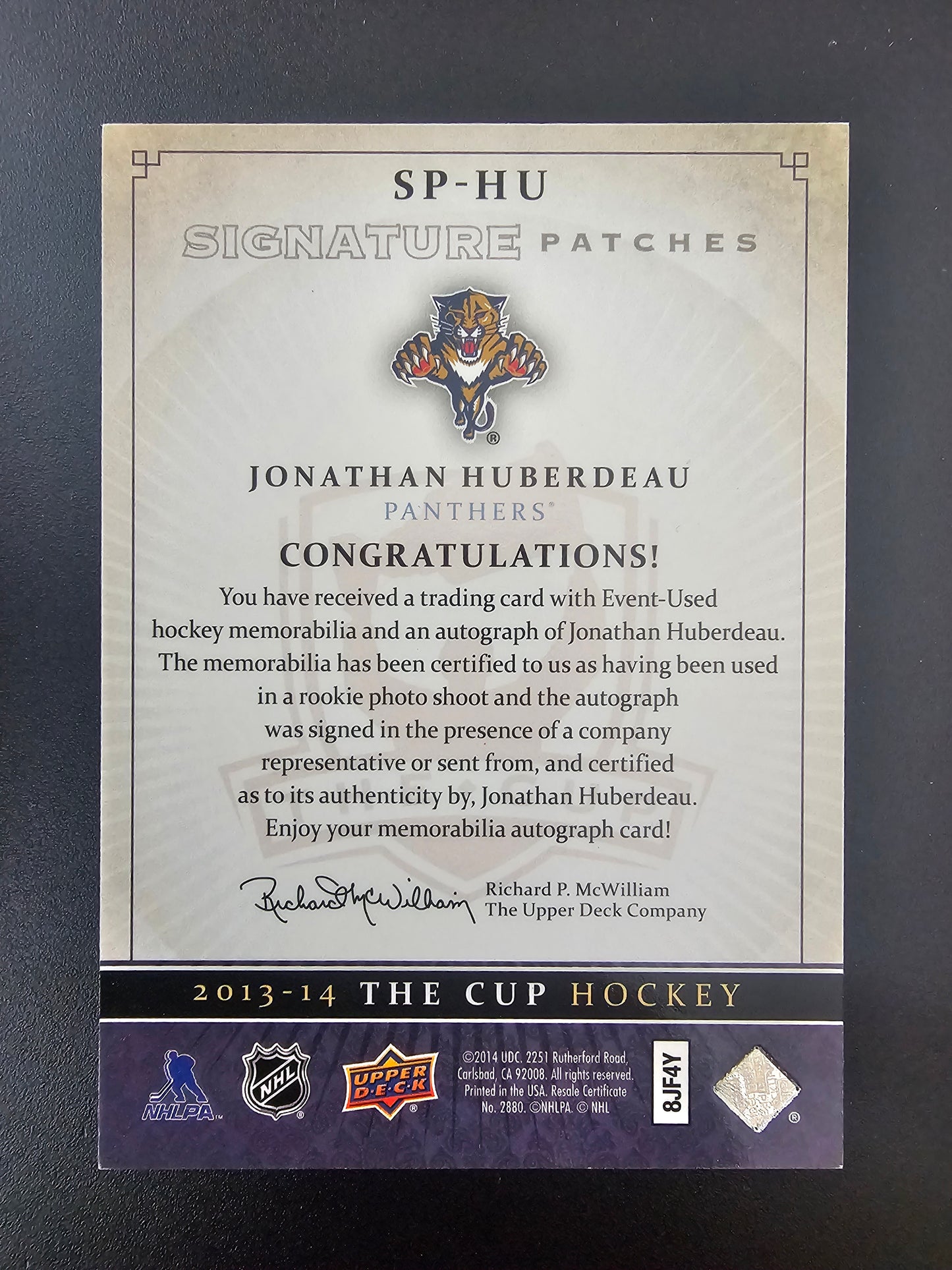 2013-14 Upper Deck The Cup - Signature Patches - Jonathan Huberdeau #SP-HU /99 RY