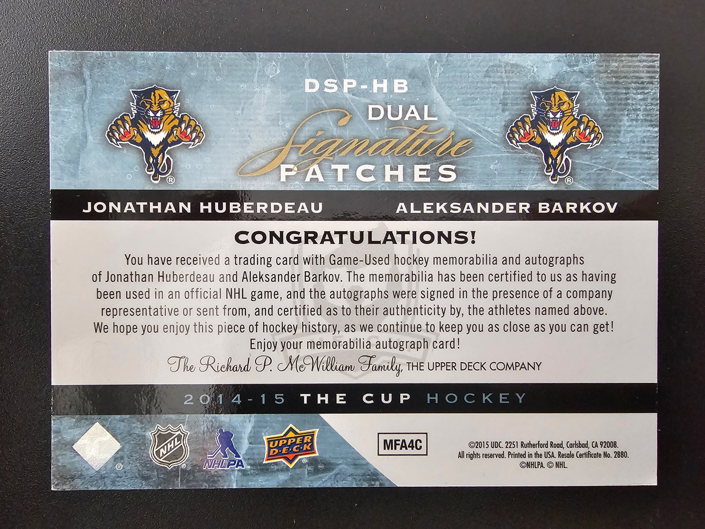 2014-15 Upper Deck The Cup - Dual Signature Patches - Jonathan Huberdeau / Aleksander Barkov #DSP-HB /35