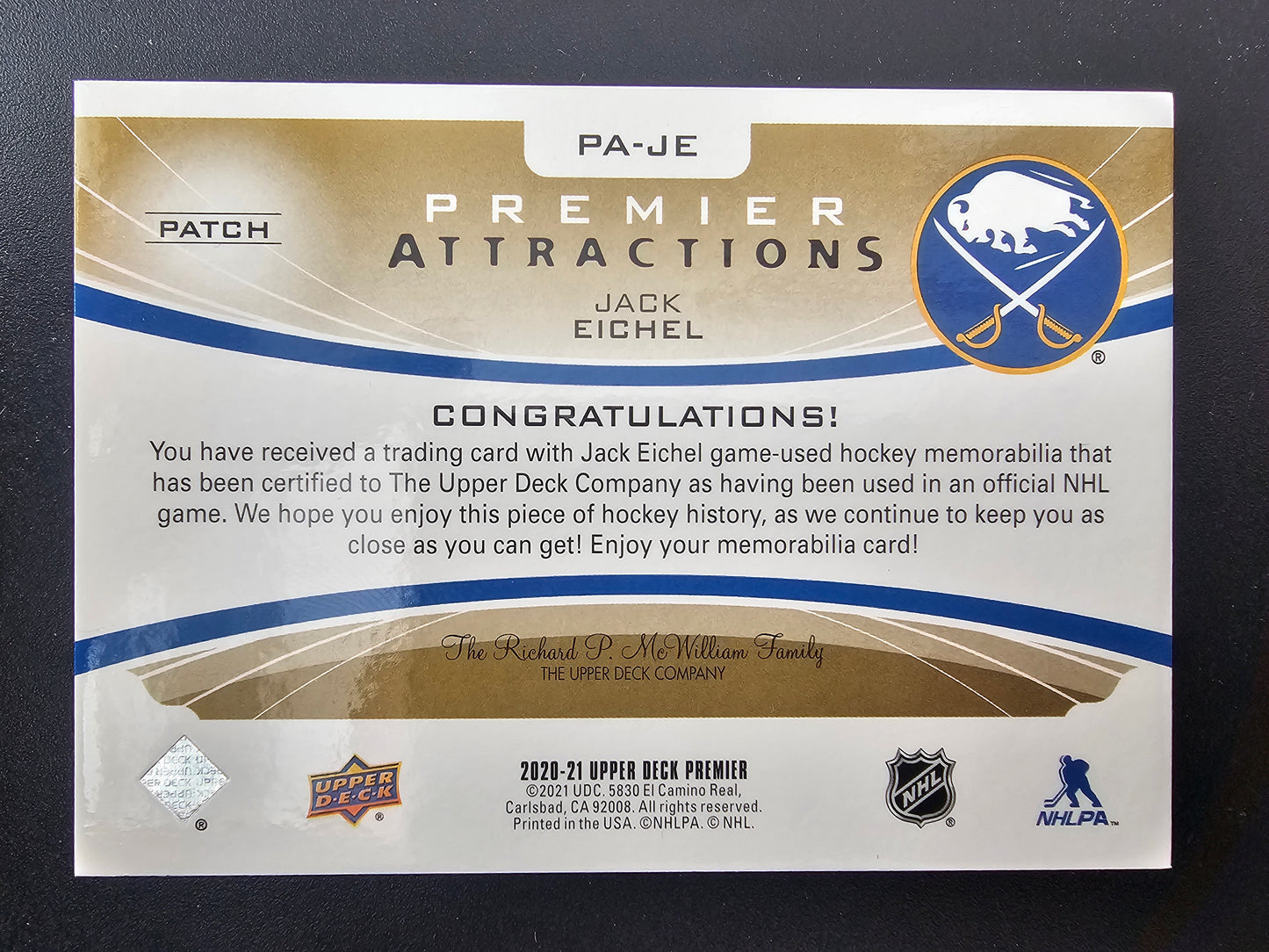 2020-21 Upper Deck Premier - Premier Attractions Jersey Relics - Patch - Jack Eichel #PA-JE /35