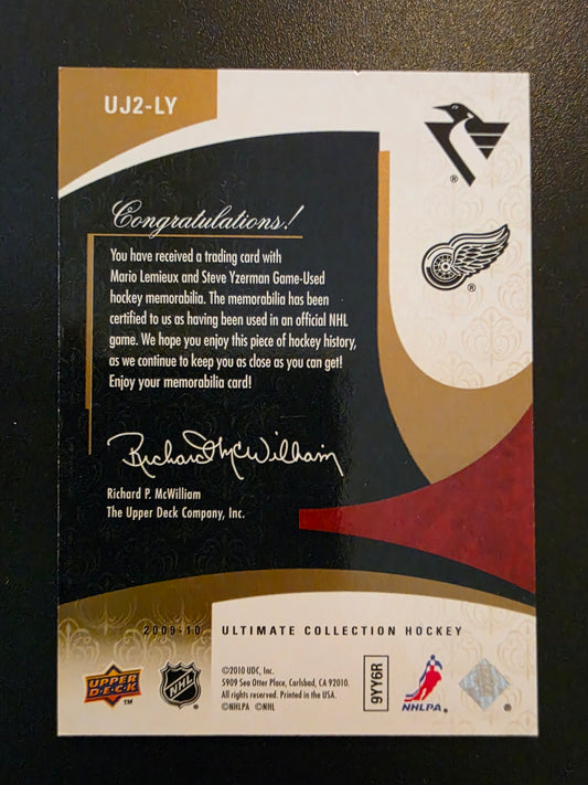 2009-10 Upper Deck Ultimate Collection - Ultimate Jerseys Dual - Mario Lemieux / Steve Yzerman #UJ2-LY /50