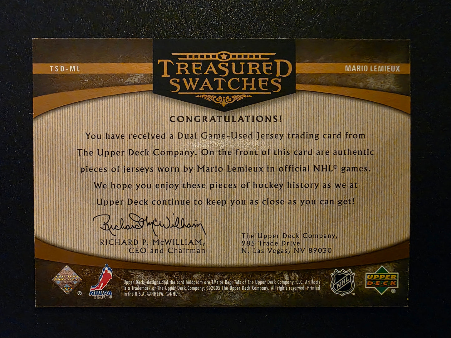 2005-06 Upper Deck Artifacts - Treasured Swatches Dual - Copper - Mario Lemieux #TSD-ML /50