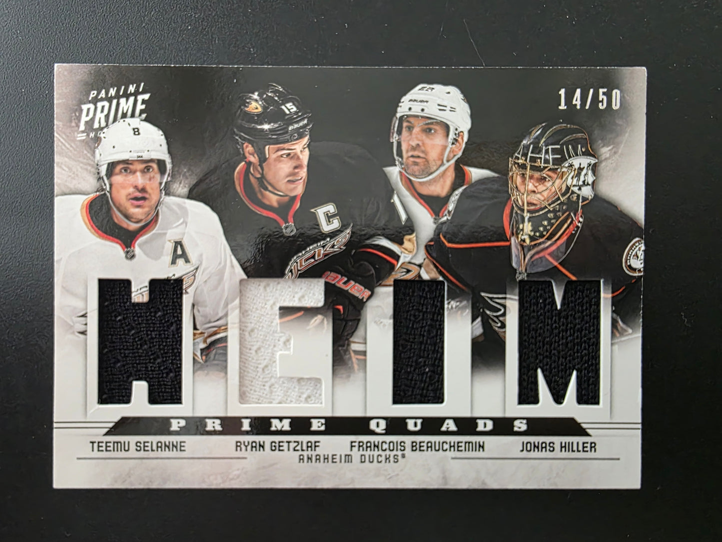2012-13 Panini Prime - Prime Quads - Teemu Selanne / Ryan Getzlaf / Francois Beauchemin / Jonas Hiller #17 /50