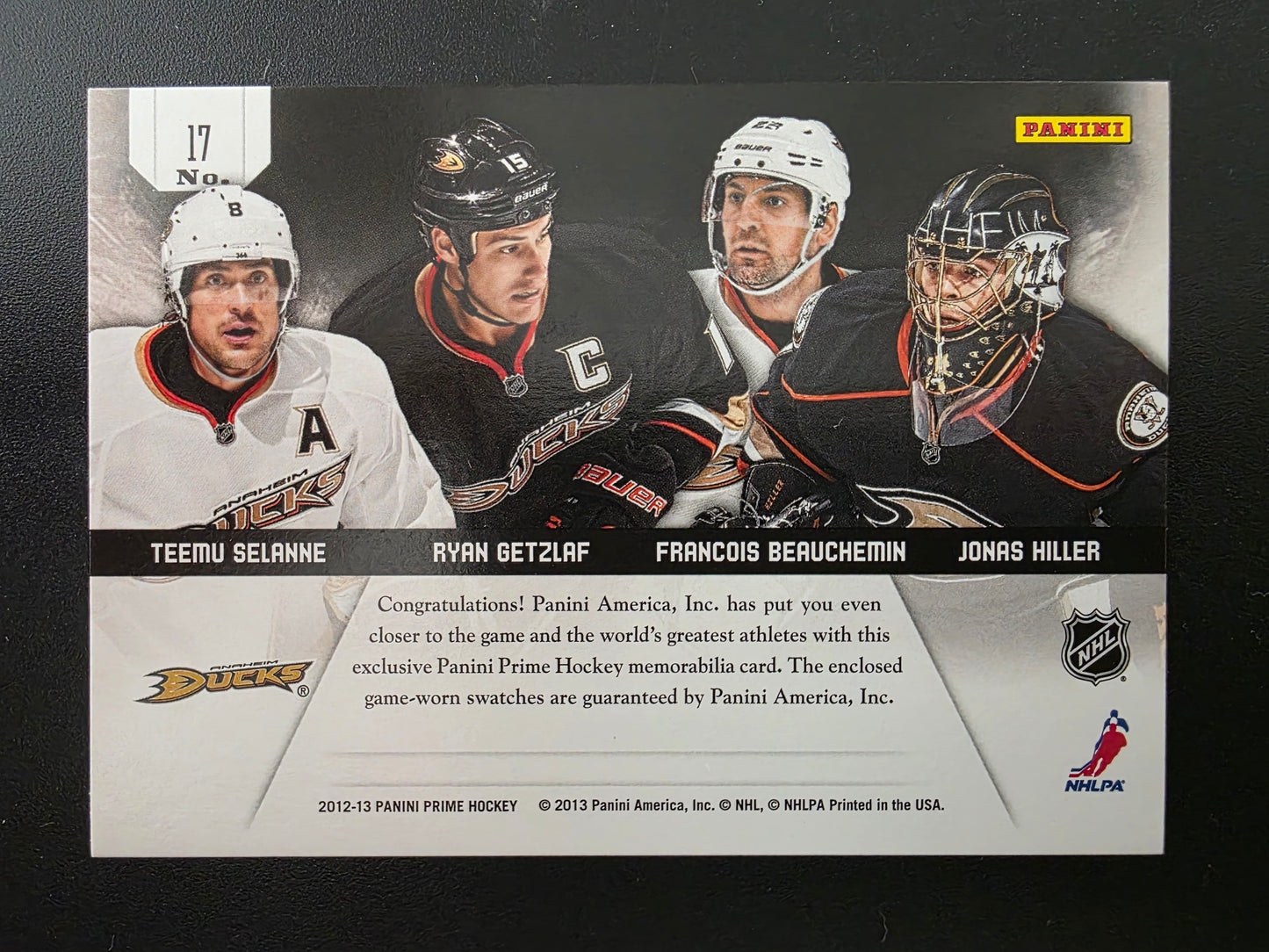 2012-13 Panini Prime - Prime Quads - Teemu Selanne / Ryan Getzlaf / Francois Beauchemin / Jonas Hiller #17 /50