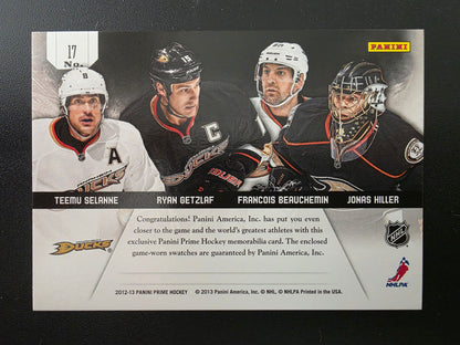 2012-13 Panini Prime - Prime Quads - Teemu Selanne / Ryan Getzlaf / Francois Beauchemin / Jonas Hiller #17 /50