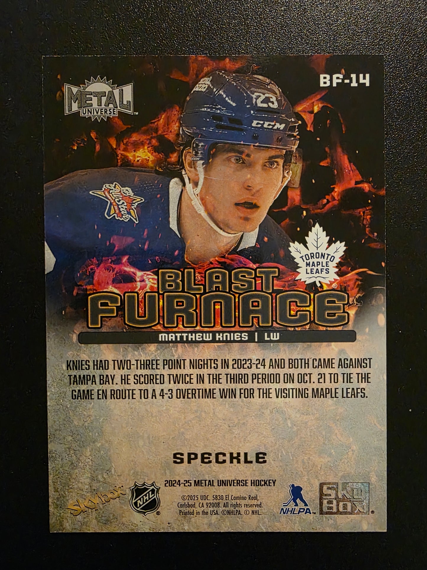 2024-25 Skybox Metal Universe - Blast Furnace - Speckle - Matthew Knies #BF-14 /199