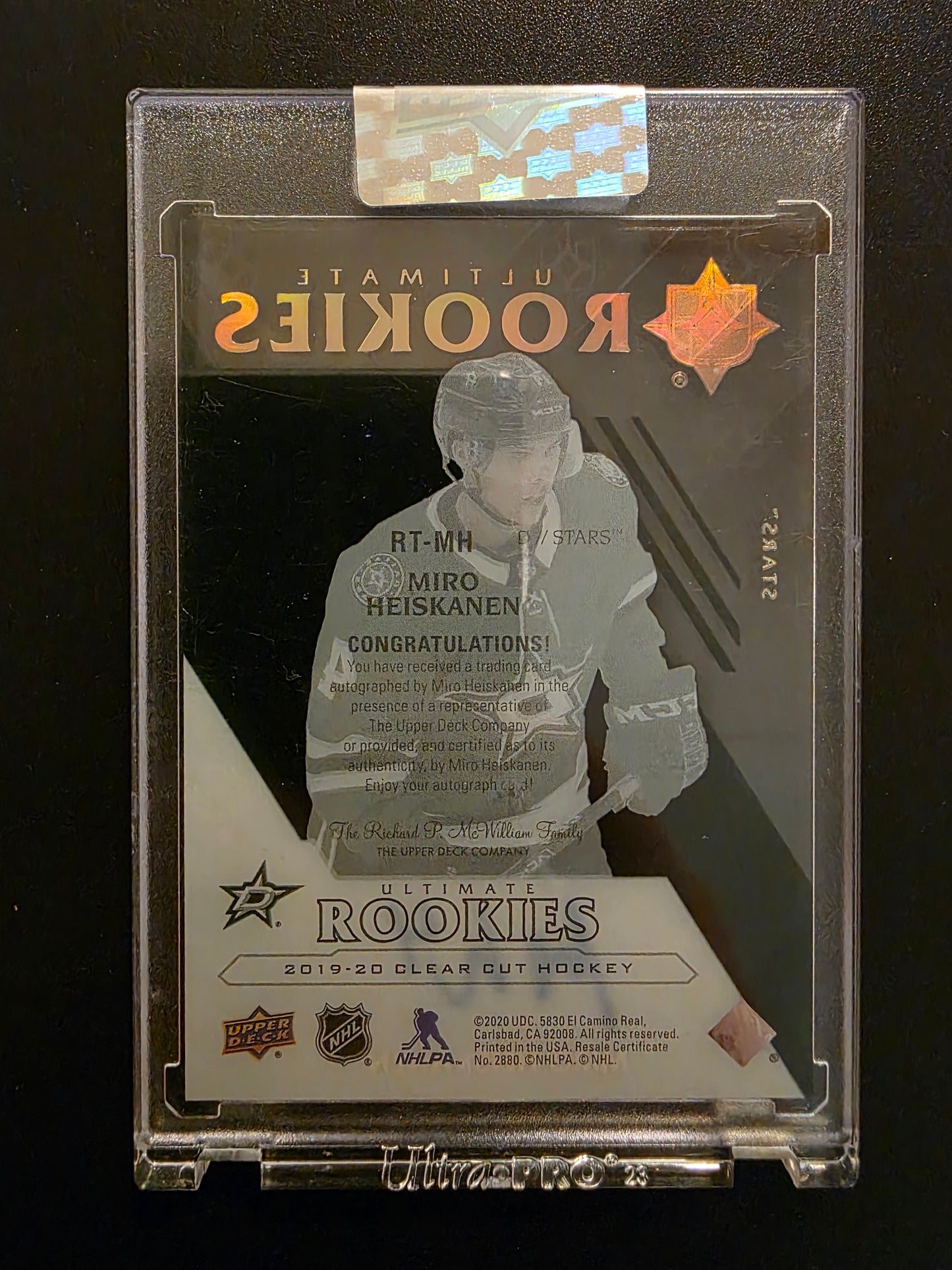 2019-20 Upper Deck Clear Cut - Rookie Tribute Autos - 2018-19 Ultimate Collection Rookies - Miro Heiskanen #RT-MH