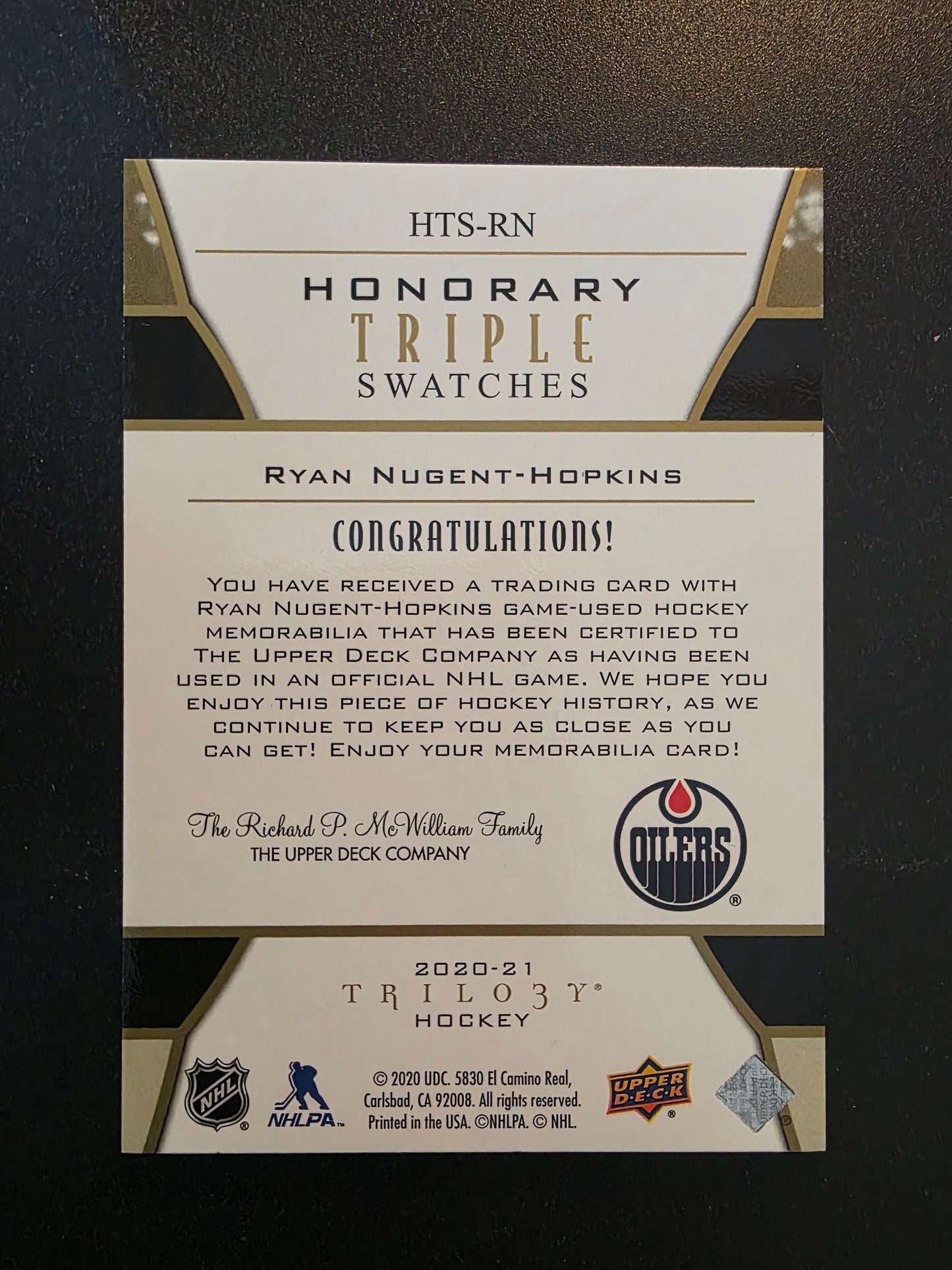 2020-21 Upper Deck Trilogy - Honorary Triple Swatches - Ryan Nugent-Hopkins #HTS-RN /35