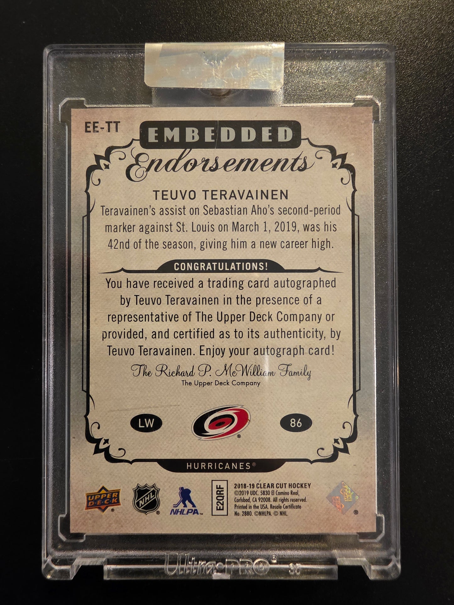 2018-19 Upper Deck Clear Cut - Embedded Endorsements - Teuvo Teravainen #EE-TT /99
