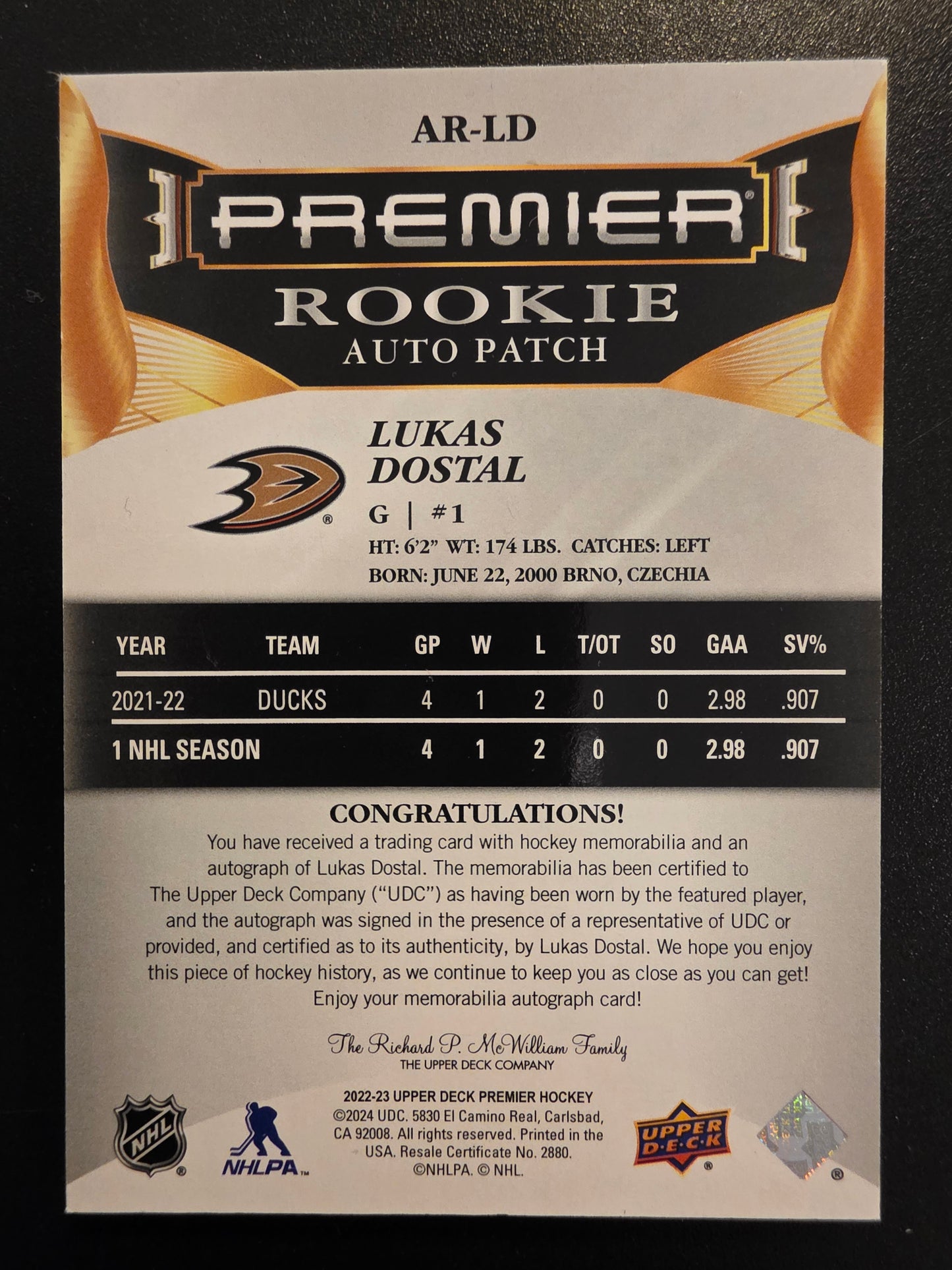 2022-23 Upper Deck Premier - Acetate Rookie Auto Patch - Lukas Dostal #AR-LD /249 RY