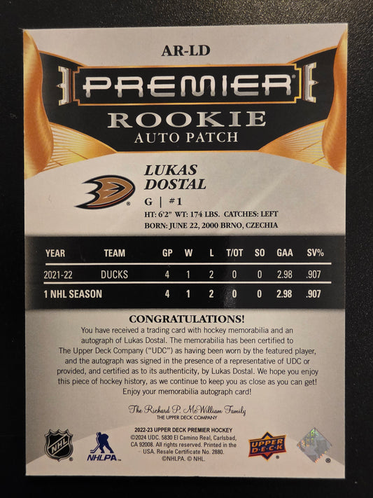 2022-23 Upper Deck Premier - Acetate Rookie Auto Patch - Lukas Dostal #AR-LD /249 RY