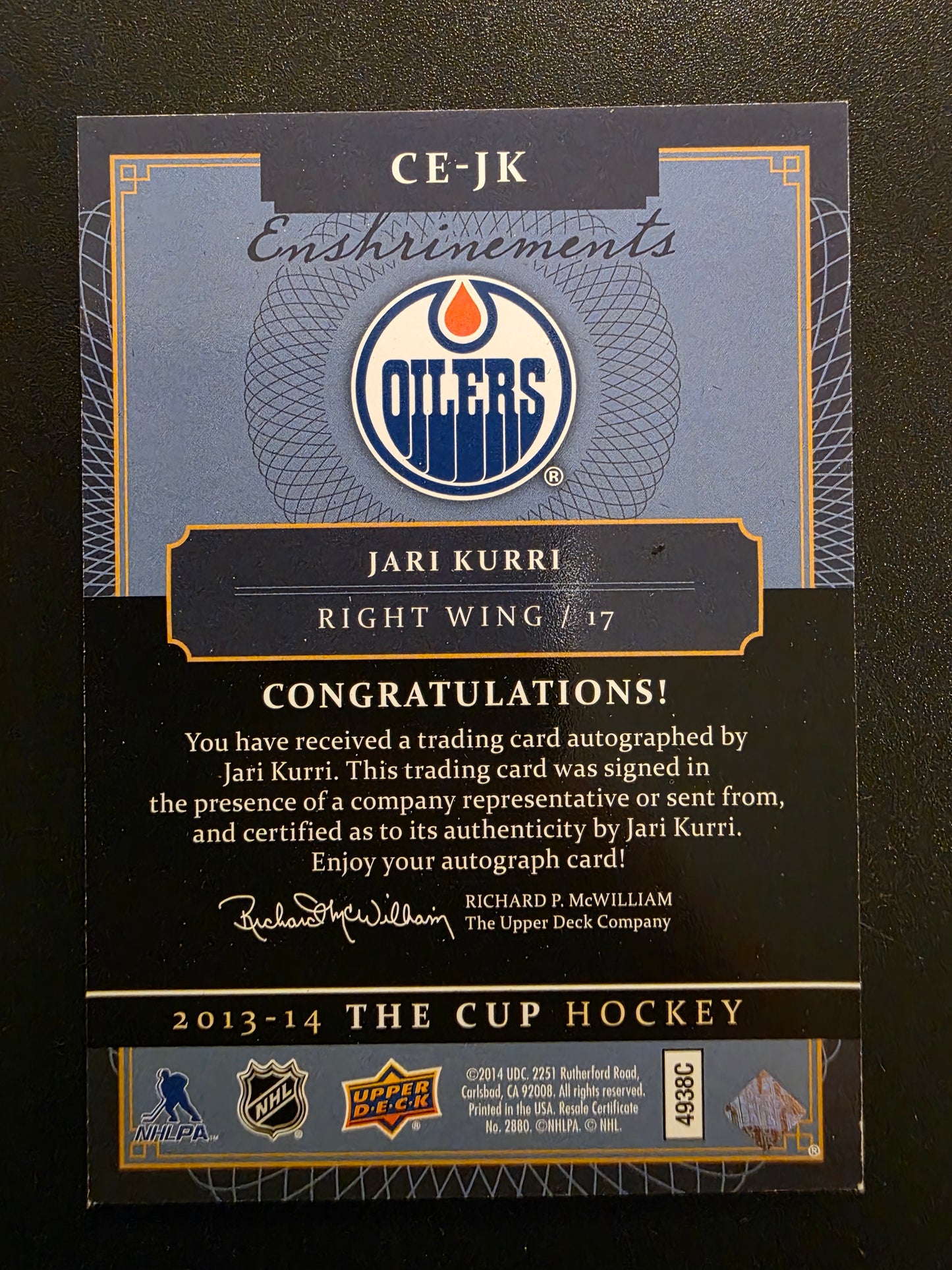 2013-14 Upper Deck The Cup - Enshrinements Jari Kurri #CE-JK /50