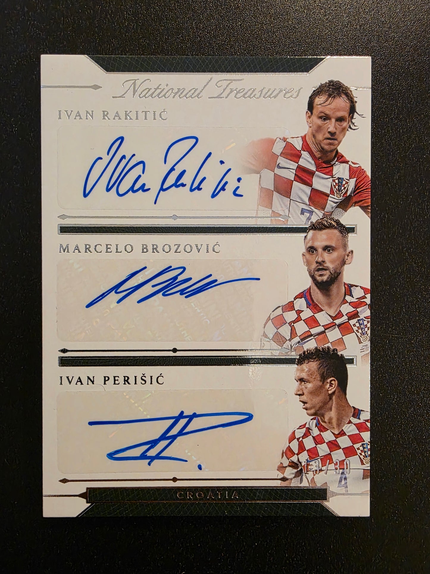 2018 Panini National Treasures - Triple Signatures Croatia - Ivan Rakitić / Marcelo Brozović / Ivan Perišić #TR-CRO /30
