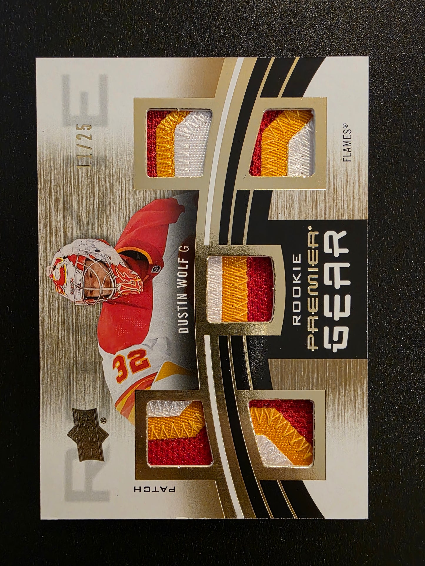 2023-24 Upper Deck Premier - Premier Gear Rookies Jersey - Patch - Dustin Wolf #PGR-DW /25 RY
