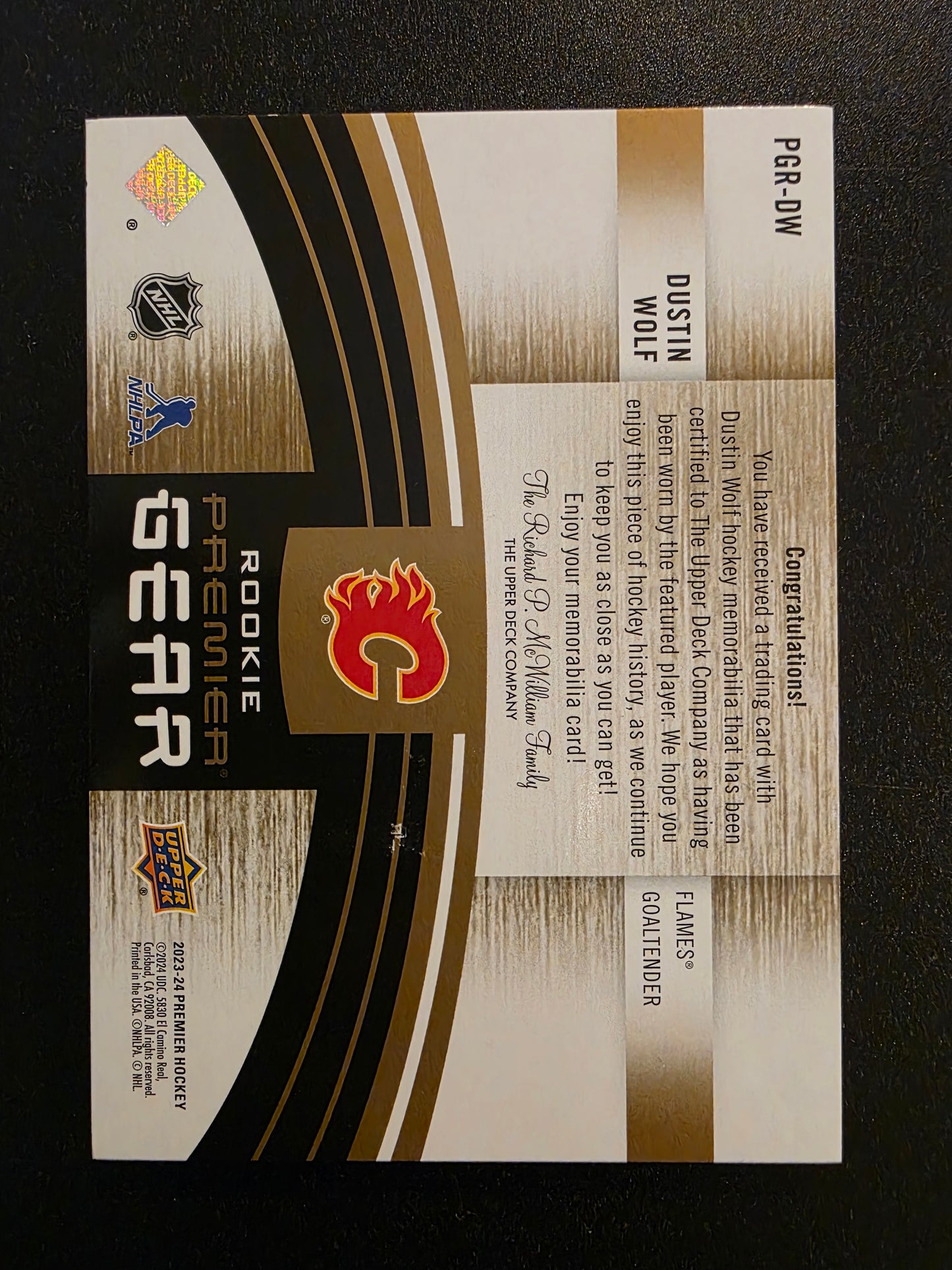 2023-24 Upper Deck Premier - Premier Gear Rookies Jersey - Patch - Dustin Wolf #PGR-DW /25 RY