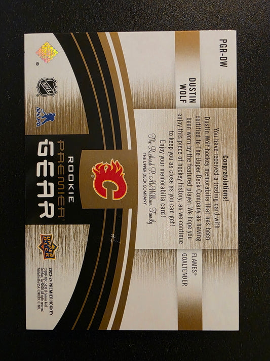 2023-24 Upper Deck Premier - Premier Gear Rookies Jersey - Patch - Dustin Wolf #PGR-DW /25 RY