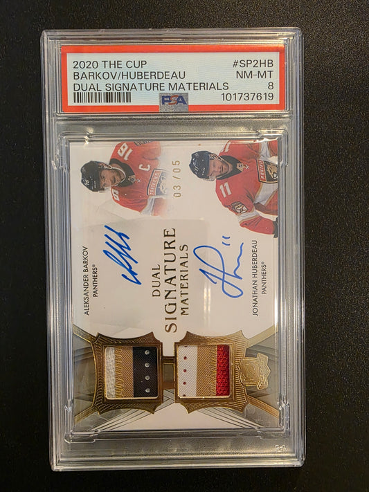 2020-21 Upper Deck The Cup - Dual Signature Materials - Aleksander Barkov / Jonathan Huberdeau #SP2-HB /5 PSA8