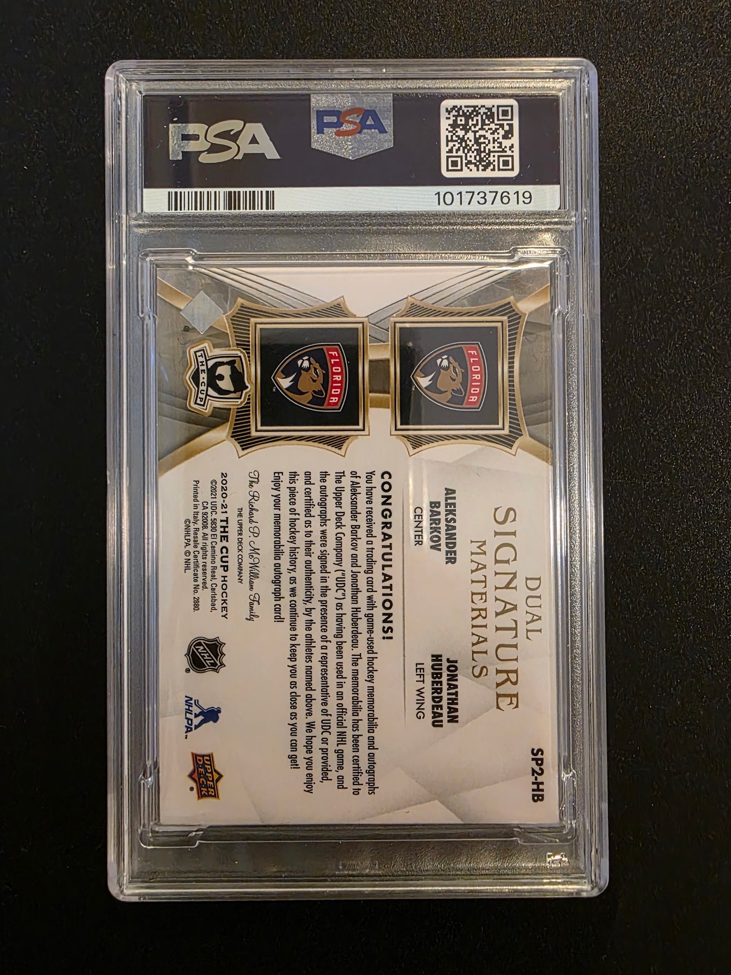 2020-21 Upper Deck The Cup - Dual Signature Materials - Aleksander Barkov / Jonathan Huberdeau #SP2-HB /5 PSA8