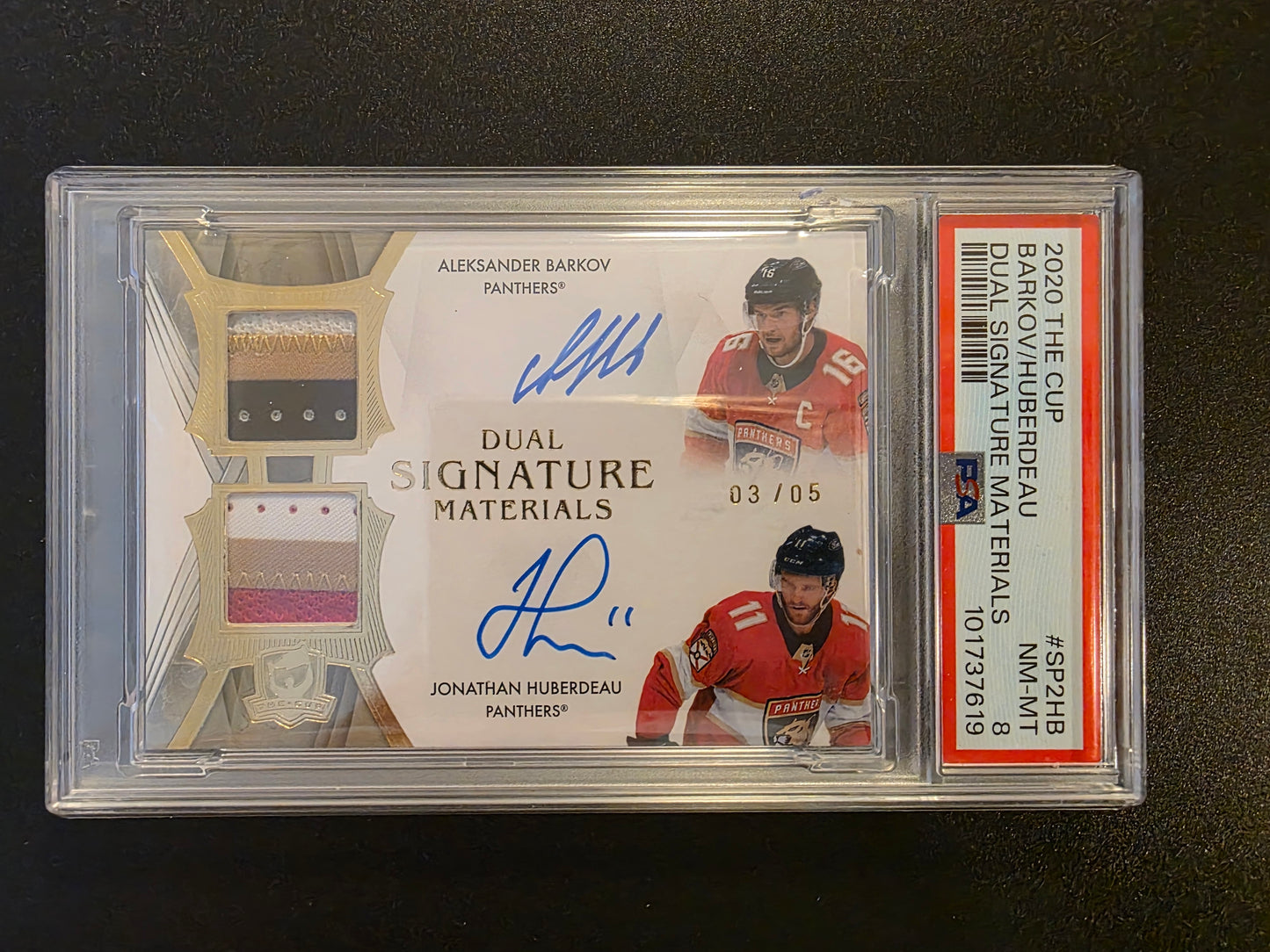 2020-21 Upper Deck The Cup - Dual Signature Materials - Aleksander Barkov / Jonathan Huberdeau #SP2-HB /5 PSA8