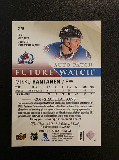 2015-16 Upper Deck SP Authentic - Limited Autographed Patches - Future Watch - Mikko Rantanen #276 /100 RC