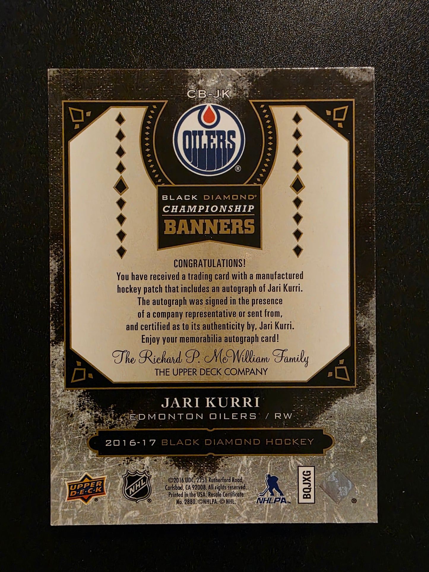 2016-17 Upper Deck Black Diamond - Championship Banners - Autographs - Jari Kurri #CB-JK /99