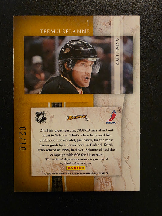 2010-11 Panini Limited - Jumbo Materials - Jersey Numbers Prime - Teemu Selanne #1 /10