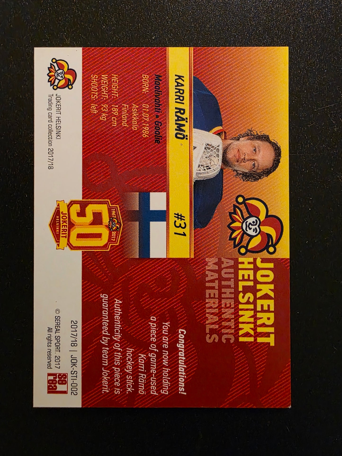 2017-18 Sereal Jokerit Stick - Karri Rämö #JOK-STI-002 /50