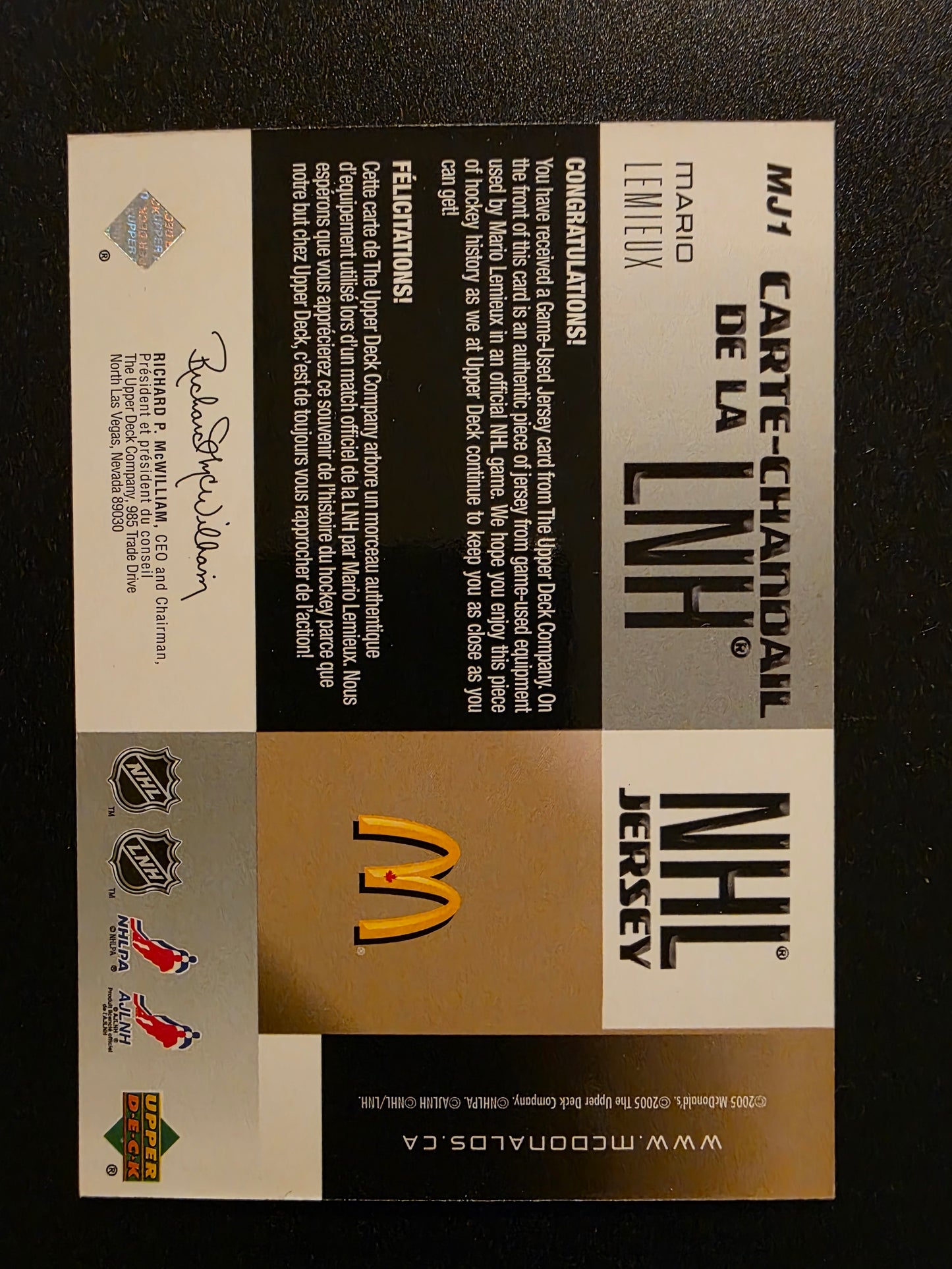 2005-06 Upper Deck McDonald's - Jerseys - Mario Lemieux #MJ1 /120