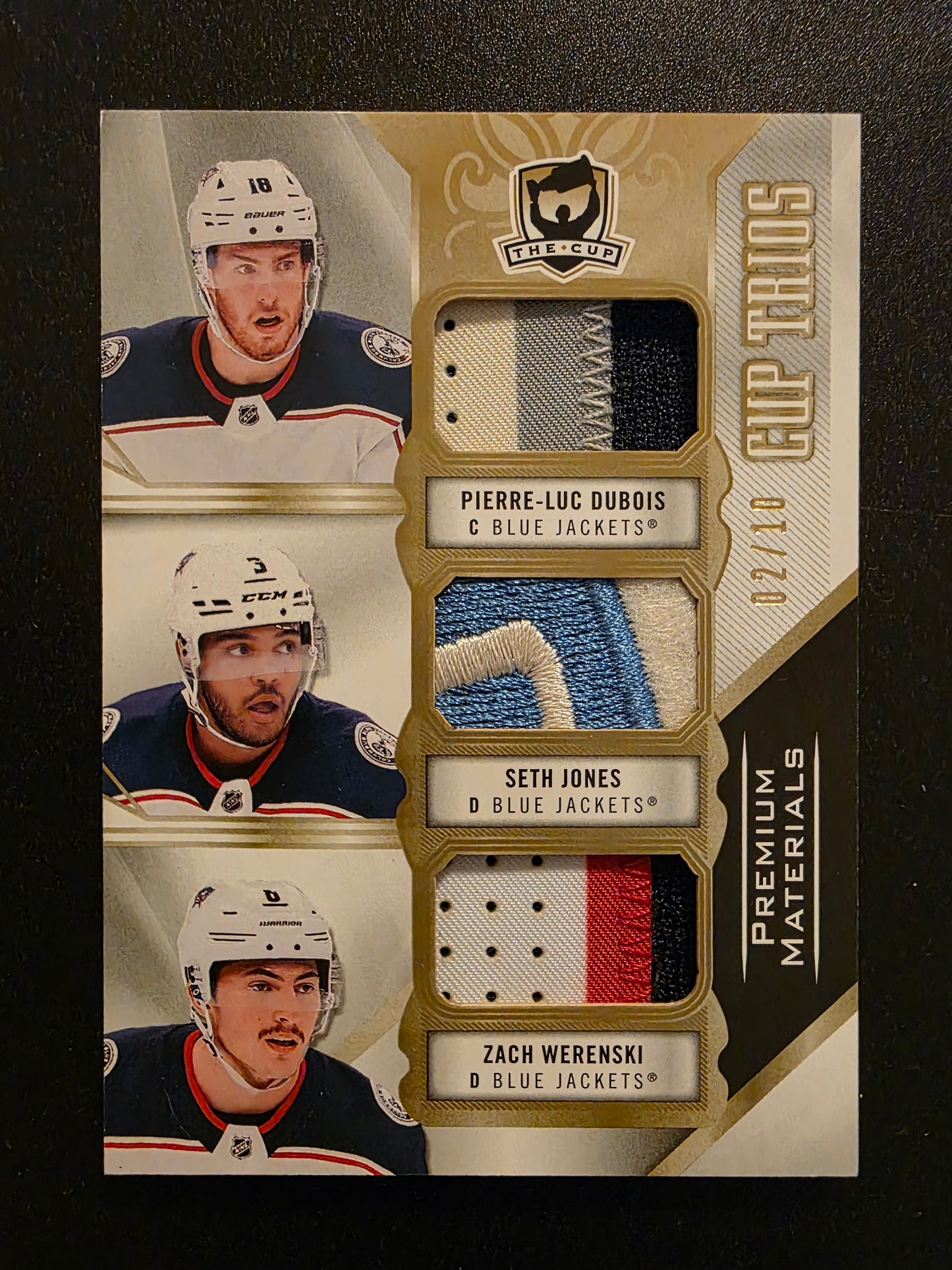 2019-20 Upper Deck The Cup - Cup Trios Jerseys - Gold Patch - Pierre-Luc Dubois / Seth Jones / Zach Werenski #C3-JDW /10