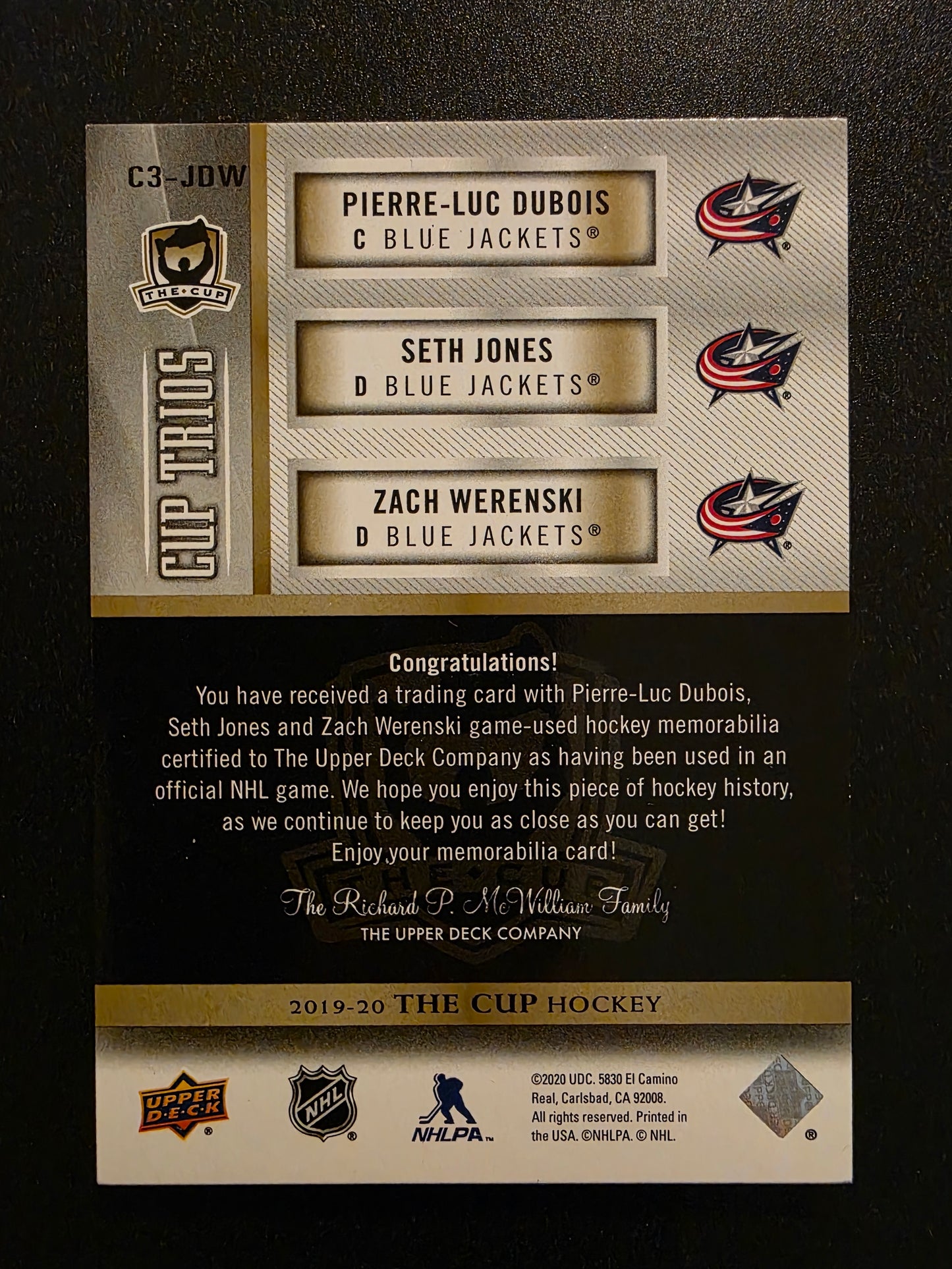 2019-20 Upper Deck The Cup - Cup Trios Jerseys - Gold Patch - Pierre-Luc Dubois / Seth Jones / Zach Werenski #C3-JDW /10