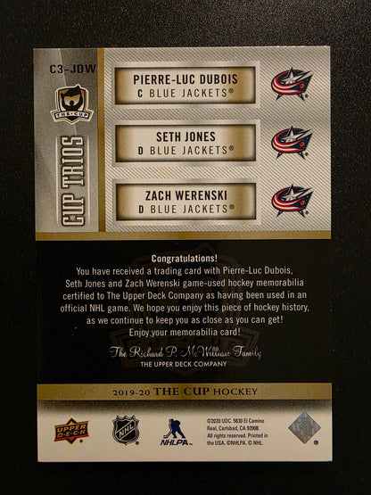 2019-20 Upper Deck The Cup - Cup Trios Jerseys - Gold Patch - Pierre-Luc Dubois / Seth Jones / Zach Werenski #C3-JDW /10
