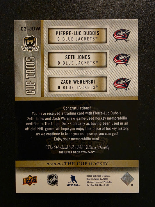 2019-20 Upper Deck The Cup - Cup Trios Jerseys - Gold Patch - Pierre-Luc Dubois / Seth Jones / Zach Werenski #C3-JDW /10
