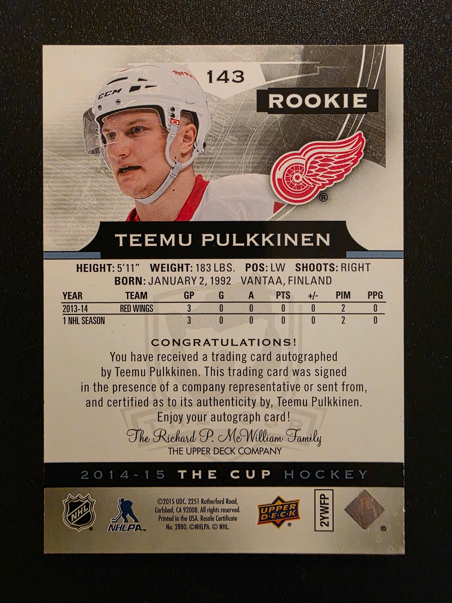 2014-15 Upper Deck The Cup - Gold Spectrum Foil - Rookie Auto - Teemu Pulkkinen #143 /25 RC