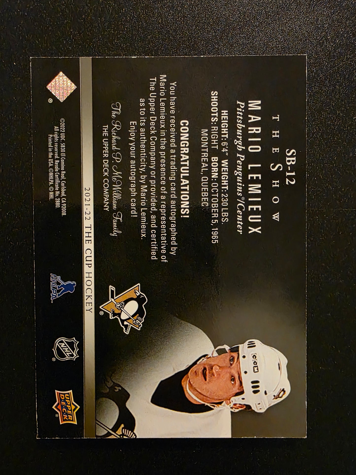 2021-22 Upper Deck The Cup - The Show - Black Autographs - Mario Lemieux #SB-12