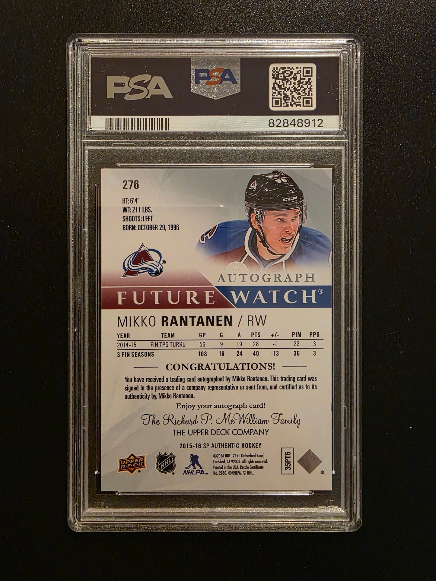 2015-16 Upper Deck SP Authentic - Future Watch Autographs - Mikko Rantanen #276 /999 PSA9 RC