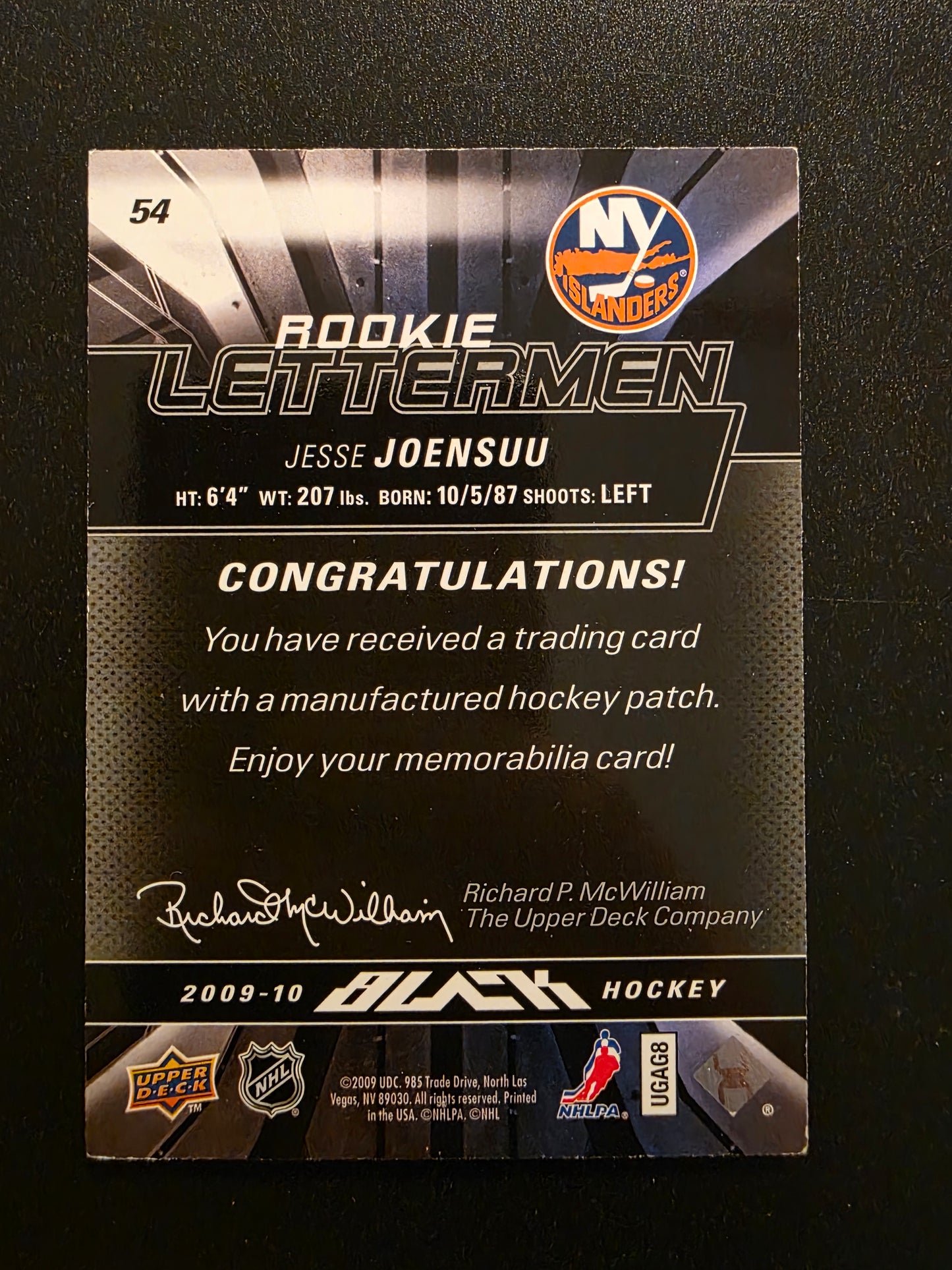 2009-10 Upper Deck UD Black - Rookie Lettermen "U"- Jesse Joensuu  #54 /499 RC
