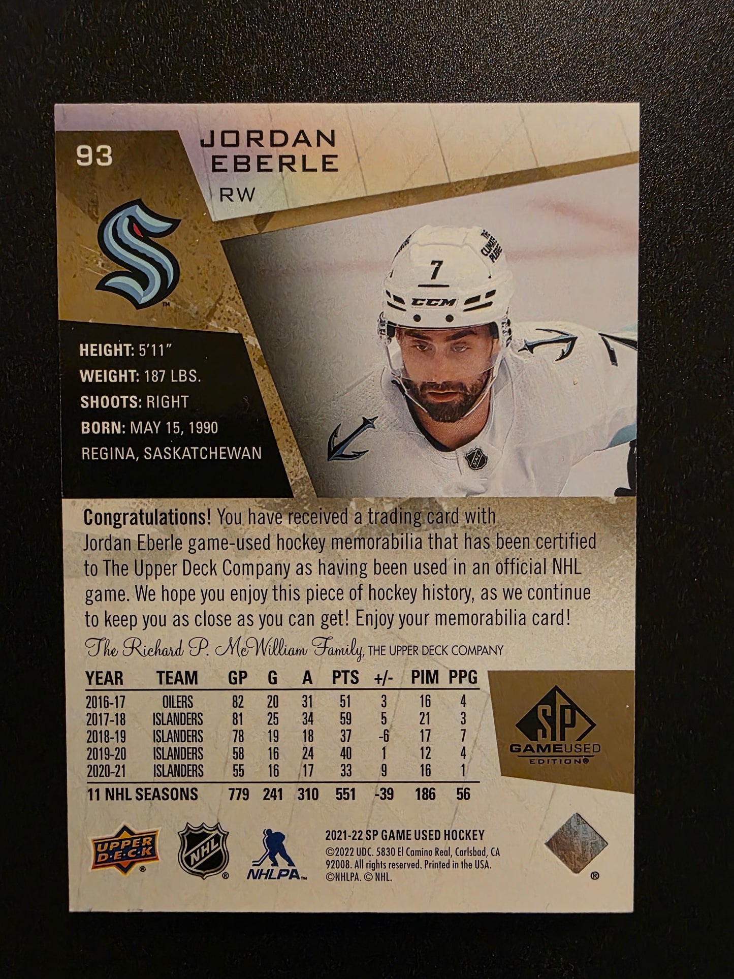 2021-22 Upper Deck SP Game Used - Gold Premium Memorabilia - Jordan Eberle #93 /15