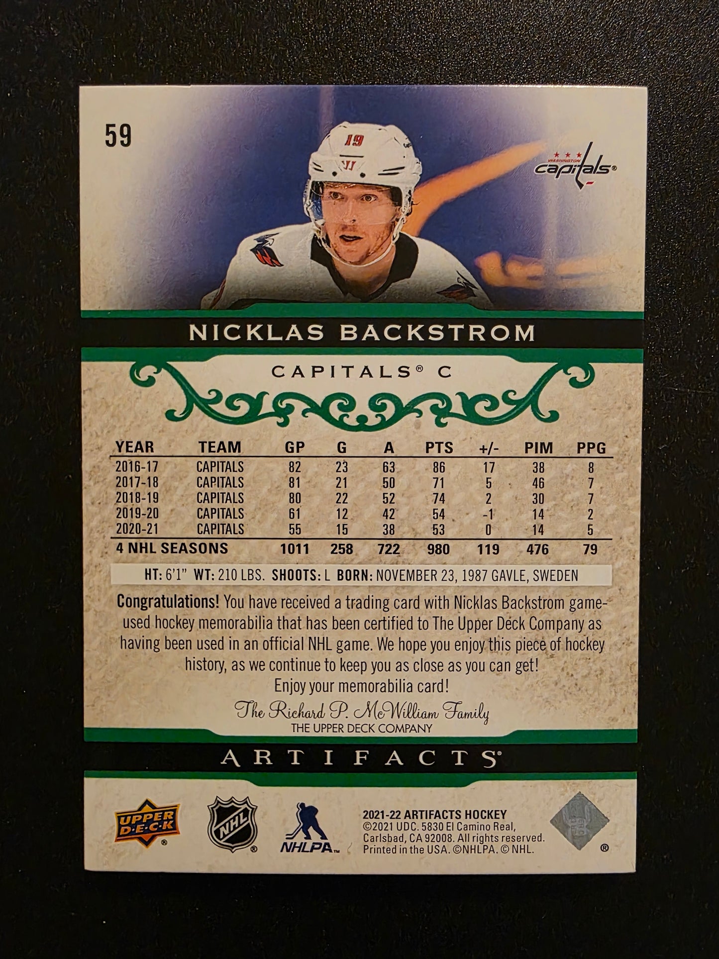 2021-22 Upper Deck Artifacts - Emerald Material Relics - Nicklas Backstrom #59 /65