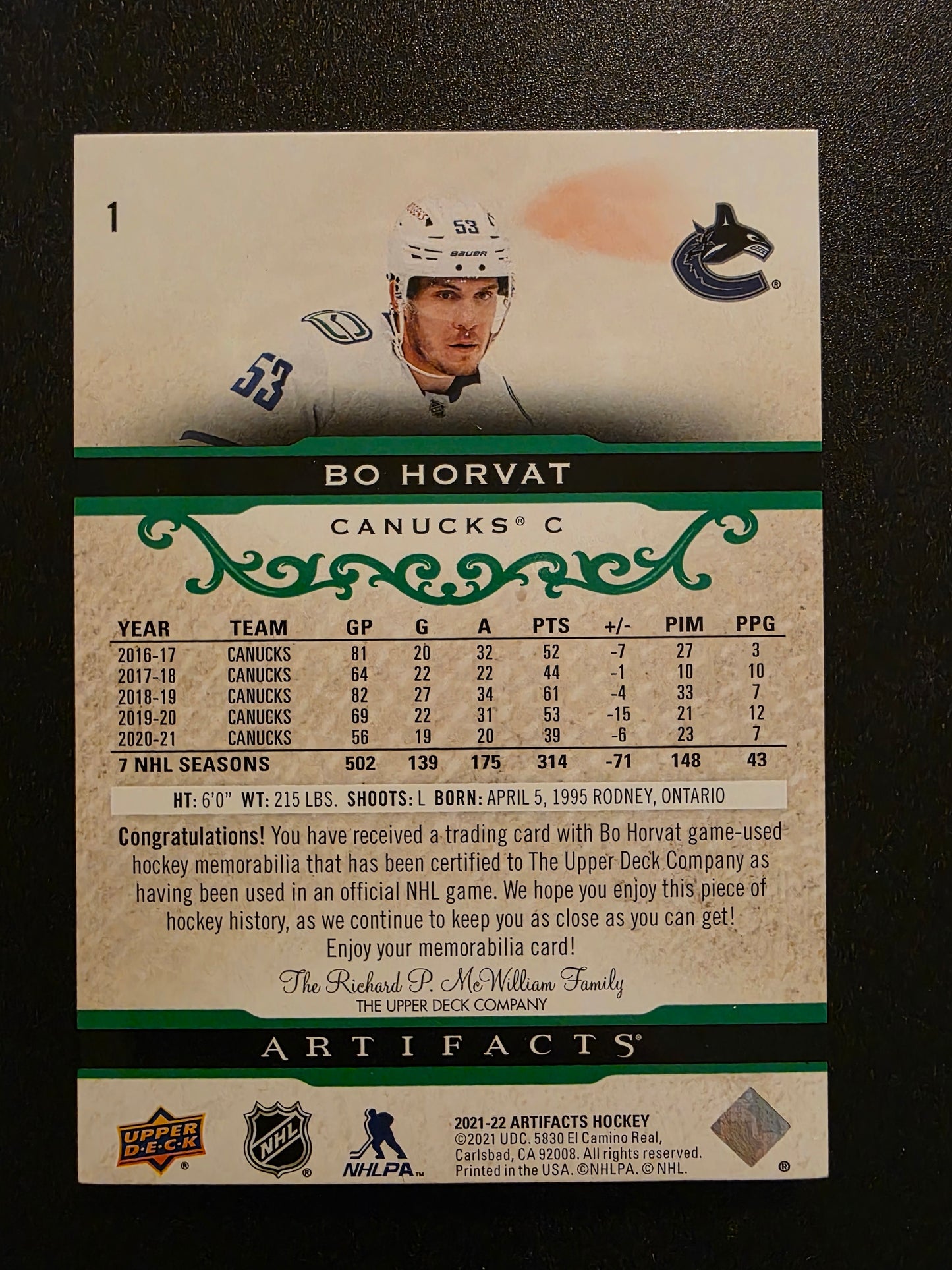 2021-22 Upper Deck Artifacts - Emerald Material Relics - Bo Horvat #1 /65