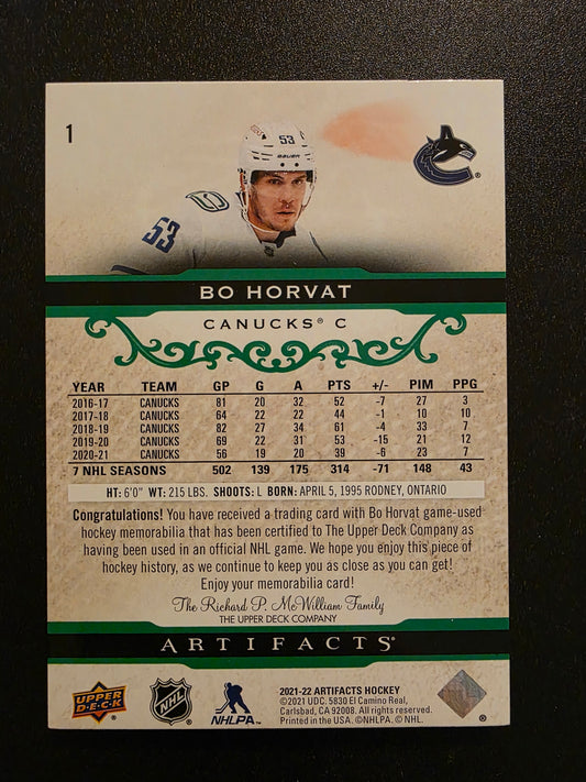 2021-22 Upper Deck Artifacts - Emerald Material Relics - Bo Horvat #1 /65
