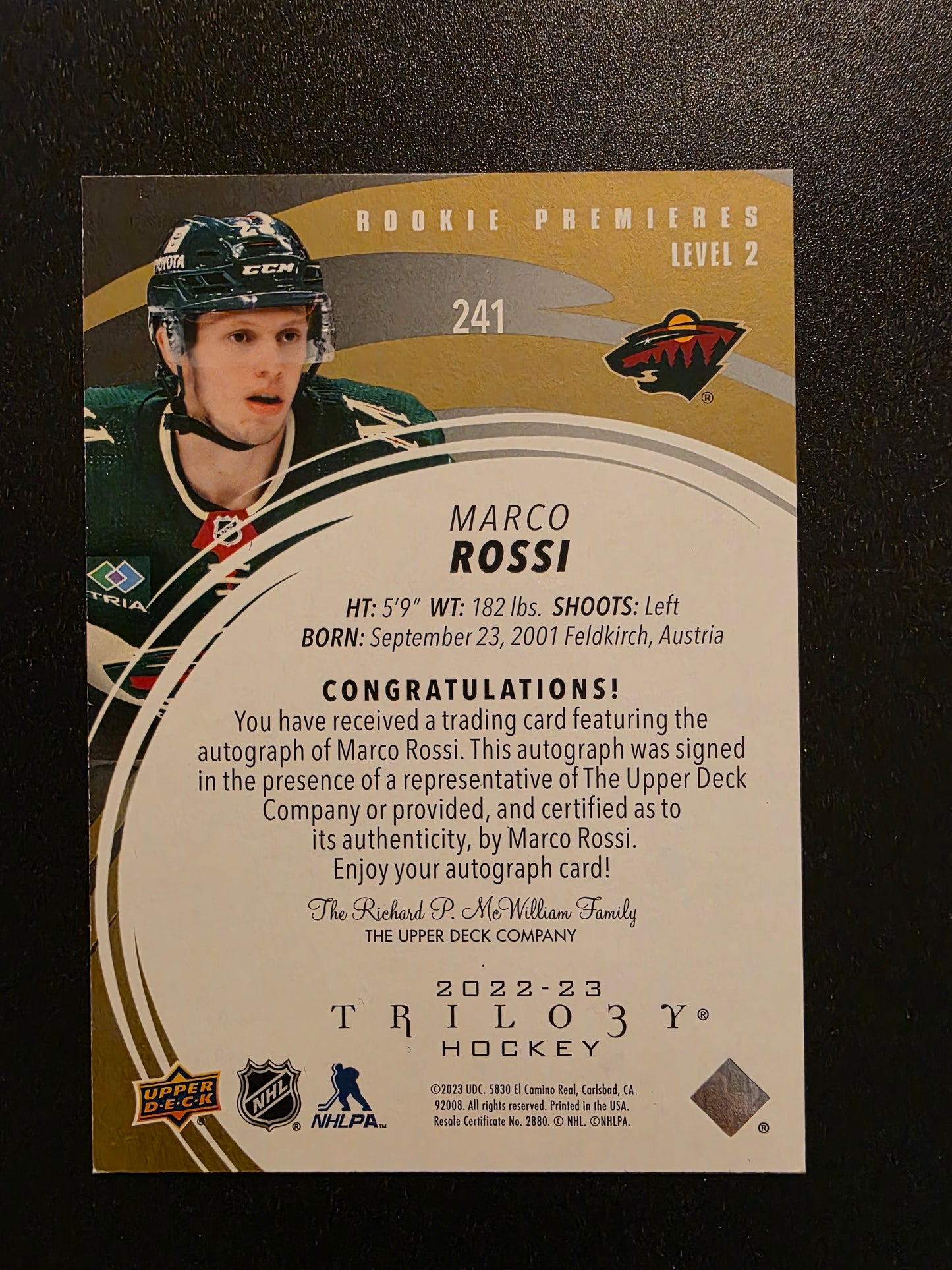 2022-23 Upper Deck Trilogy - Gold Autographs - Rookie Premieres - Marco Rossi #236 /13 RC