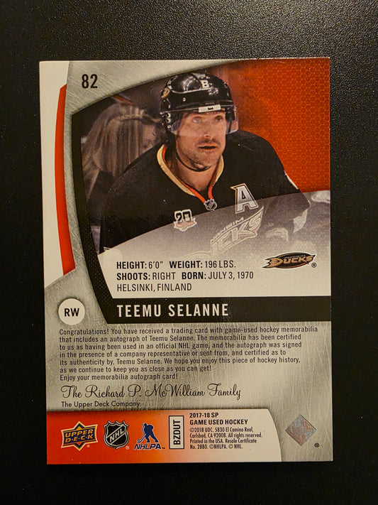 2017-18 Upper Deck SP Game Used - Red Spectrum Auto Premium Materials - Teemu Selanne #82 /5